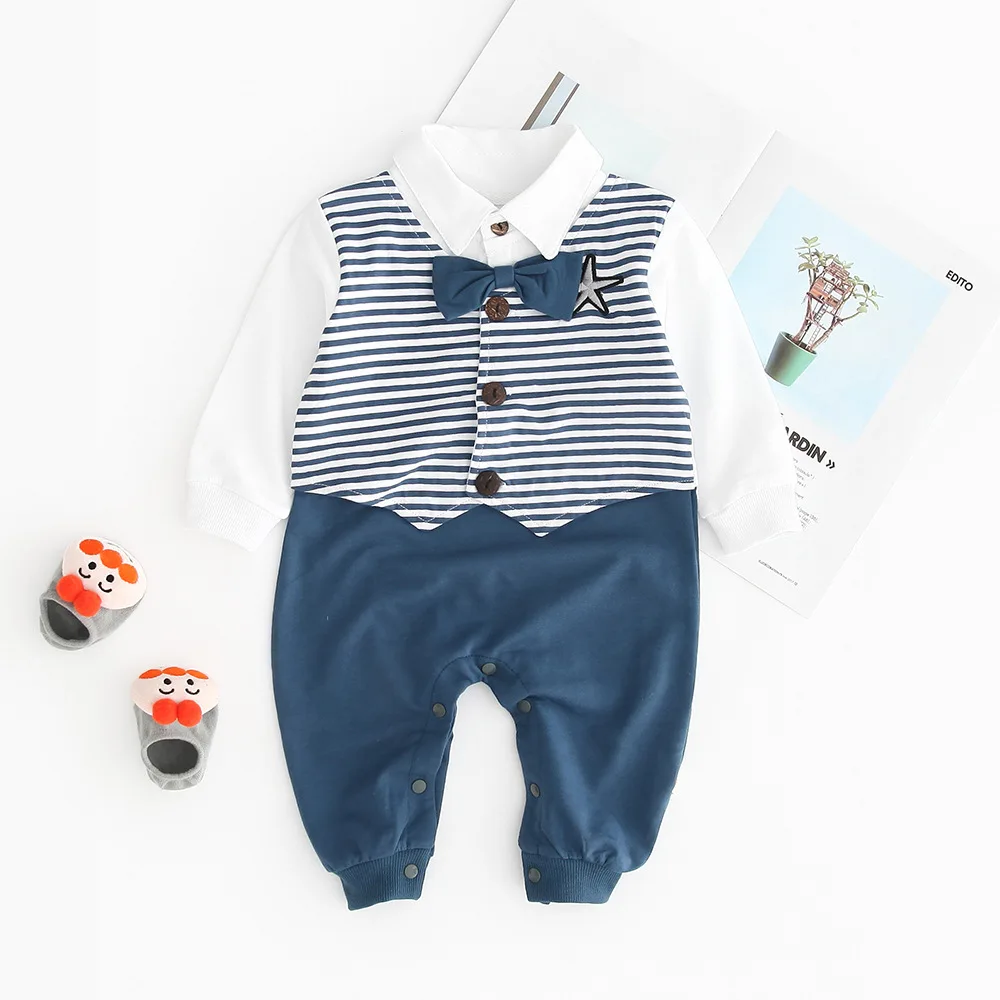 

Cotton Baby Clothes Short Sleeve Gentleman Crawling Clothes Stripes Baby Clothes Embroidered Five-pointed Star One-piece Romper