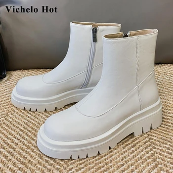

Vichelo Hot large size short boots natural leather solid handmade round toe thick high heel zipper beauty lady ankle boots L38