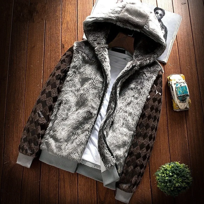 Готическая мужская осенне-зимняя куртка из искусственного меха с капюшоном и меховой подкладкой, теплое пушистое Пальто Harajuku в стиле хип-хоп, Повседневная цветная куртка с панелями - Цвет: 4