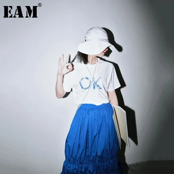 

[EAM] Women White Pattern Printed Temperament T-shirt New Round Neck Half Sleeve Fashion Tide Spring Summer 2020 1R818