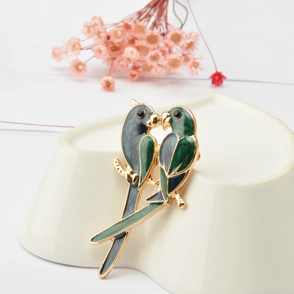 2pcs Vintage Green Enamel Bird Brooch Pin Gold Tone Costume Jewelry Gift