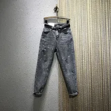 Женские джинсы с высокой талией, весна, новинка, стрейчевые, свободные, европейский стиль, шаровары, джинсы, штаны для девушек