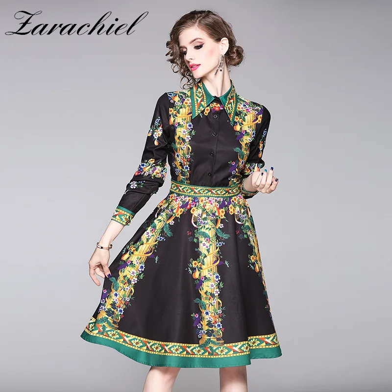 

New Autumn Winter Women Single-Breasted Casual Flower Printed Long Sleeve Turn-down Collar Vintage Dress Ladies Midi Party Dress