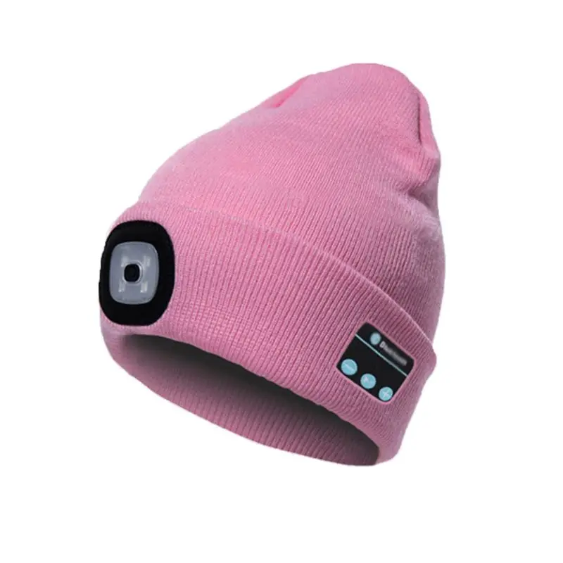 Зимний теплый нажмите кнопку светодиодный светильник Bluetooth шапочка Складная музыкальная вязаная со встроенными стерео динамиками унисекс - Цвет: Розовый