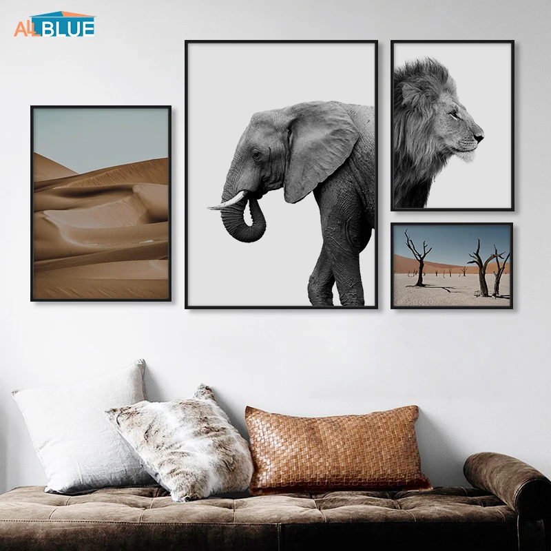 

Elephant Lion Animal Nordic Posters And Prints Desert Tree Wall Art Canvas Painting Black White Wall Pictures For Living Room