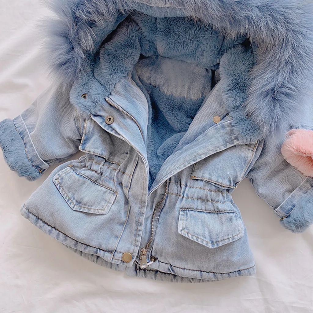 Эксклюзивная коллекция года, зимняя джинсовая куртка для маленьких девочек, теплая бархатная верхняя одежда с натуральным мехом для маленьких девочек, пальто парка для маленьких девочек возрастом 4 года