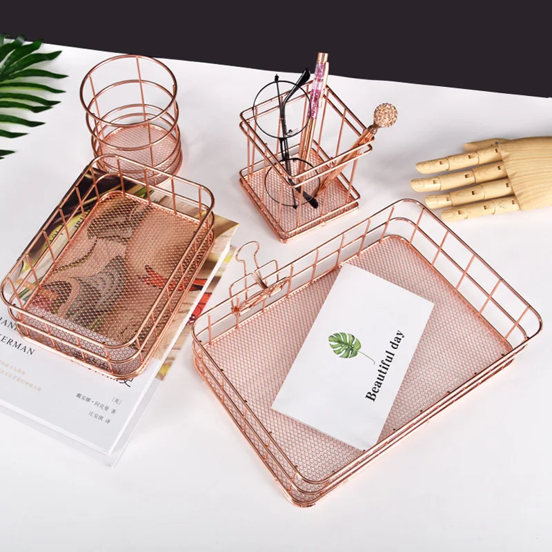 

Jewelry Cosmetics Storage Basket Nordic Style Iron Plating Pen Holder Metal Grid Desktop Storage Rack Debris Storage Tray