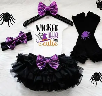 

4PCS toddler girl fall clothes Halloween Print Romper Tops Solid Tutu Skirt Leg Wamer Headband Set roupas infantil menina winter