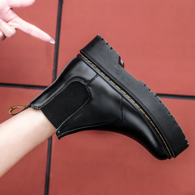 Martens Chelsea Boots Women Shoes New Black Leather Ankle Boots Women Punk Shoes Thick Bottom Platform Motorcycle Boots De Mujer Black