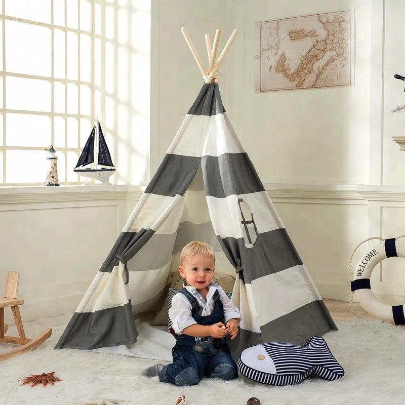 Большой Холщовый вигвам палатка для детей Teepee Tipi с серыми помпонами индийская