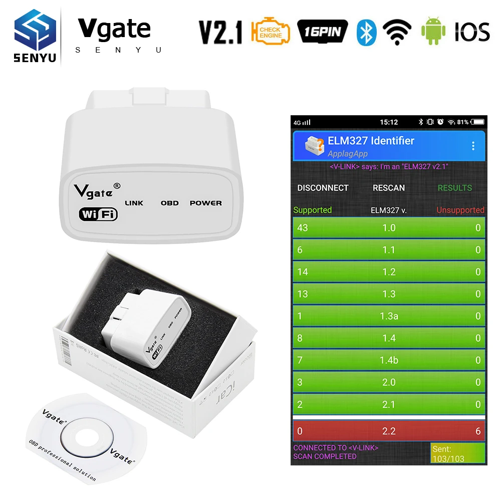 Vgate iCar 1 elm 327 V2.1 OBD2 WIFI Bluetooth Scanner iCar1 ELM327 OBD 2 Car Diagnostic Auto Tool For Android/IOS/PC|Считыватели