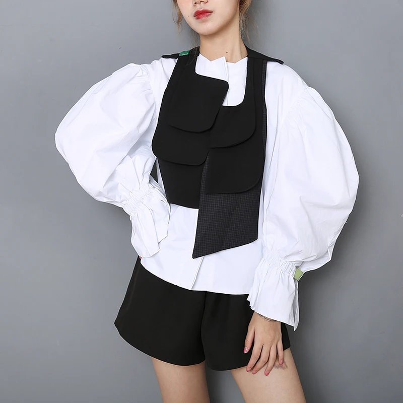 [EAM] Women White Irregular Stitch Big Size Blouse