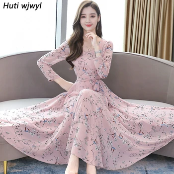 

2020 Vintage Floral Chiffon Midi Dresses Autumn Winter 4XL Plus Size Long Sleeve Maxi Dress Elegant Women Bodycon Party Vestidos