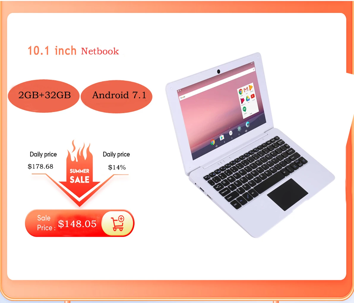 10.1 Inch Android 7.1 Ultrathin HD Netbook - Lightweight, Ultra-Thin, 2GB+32GB, Quad Core Laptop Description Image.