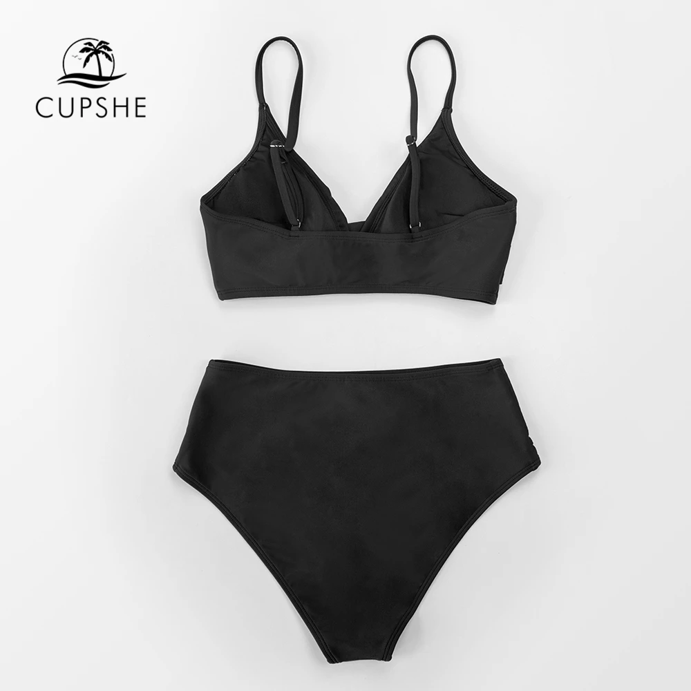 CUPSHE Solid Black Twist High Waist Bikini Sets Swimsuit For Women Sexy V-neck Tank Two Pieces Swimwear 2022 Beach Bathing Suit 5