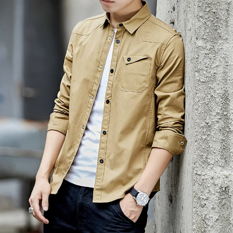 khaki Casual Shirt Мужские рубашки, повседневная хлопковая рубашка в стиле милитари, Красная приталенная винтажная куртка с карманом и длинным рукавом, уличная одежда, Прямая поставка - Цвет: khaki Casual Shirt