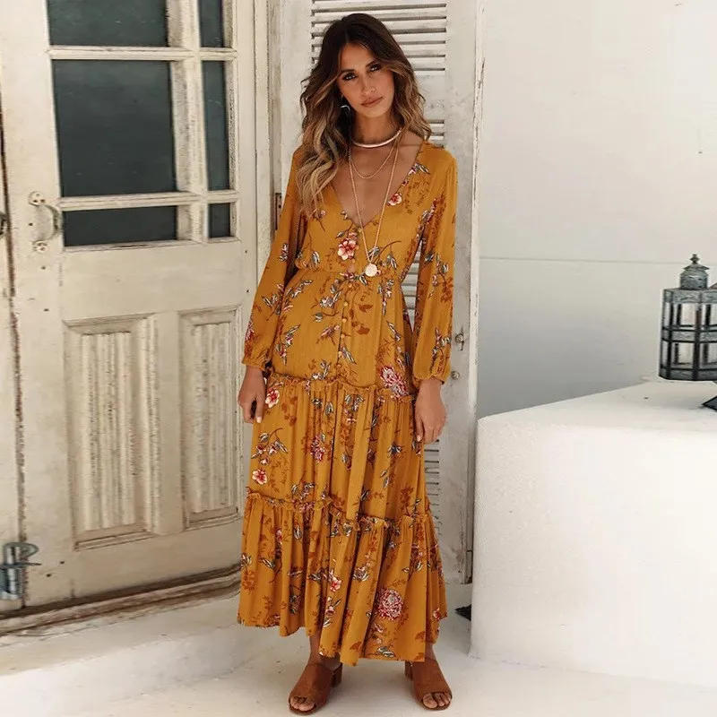 

Nice Casual Women Floral Print Bohemian Dress A-Line Button Front Long Sleeve Maxi Dress V-Neck Elastic Waist Beach Dress