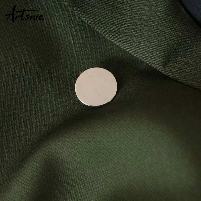 Artsnie autumn notched blazer women double pockets breasted coats female casual long sleeve green winter blazers mujer