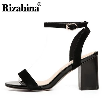 

RIZABINA Summer Genuine Leather Sandals Open Toe Ankle Buckle Thick High Heels Shoes Daily Club Women Footwear Size 33-43