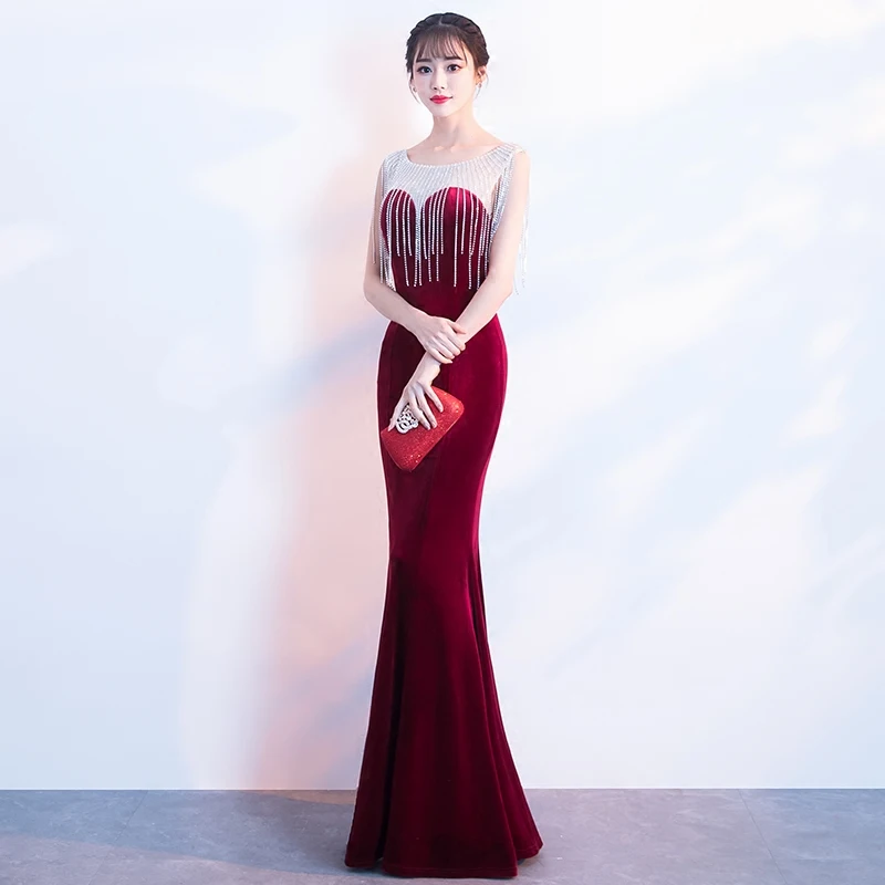 Robe De Soiree Burgundy Velvet Mermaid Evening Dress Elegant Vestido De Festa Prom Gown Beading Evening Dresses Long Dress