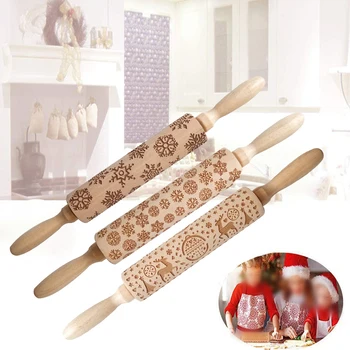 

1pc Christmas Wooden Rolling Pin Embossing Baking Cookies Cake Dough Xmas Roller High Quality Practical