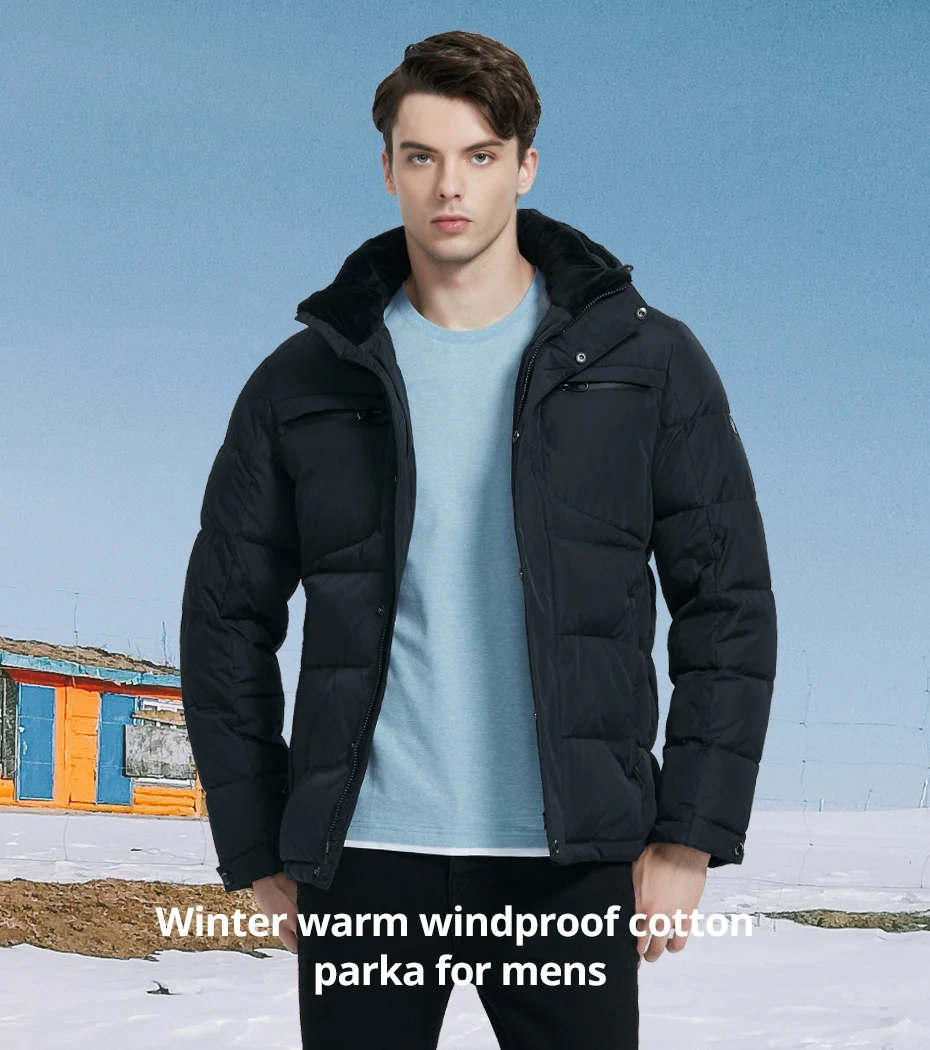 down coat ICEbear 2021 winter new casual and fashionable men's cotton-padded jacket warm and windproof men's coat brand clothing MWD20940D black parka with fur hood