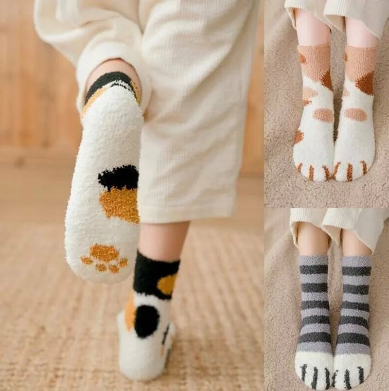 1 пара плюшевых носки из кораллового флиса Для женщин носки без пятки с изображением милого котенка когти толстые тапочки с вышитым узором в виде оленей носки для сна из осень-зима