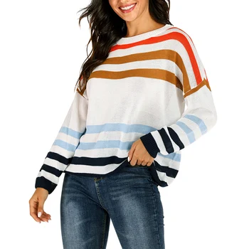 

Women's Striped Sweater Patchwork Color Long Sleeve Round Neck Knitted Loose Casual Pullover Ladies Fall Jumper Clothes