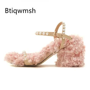 

2019 Pink Wool Fur Sandals Women Open Toe Pearl Rhinestone Ankle Strap Square High Heel Shoes Woman Sweet Party Shoes