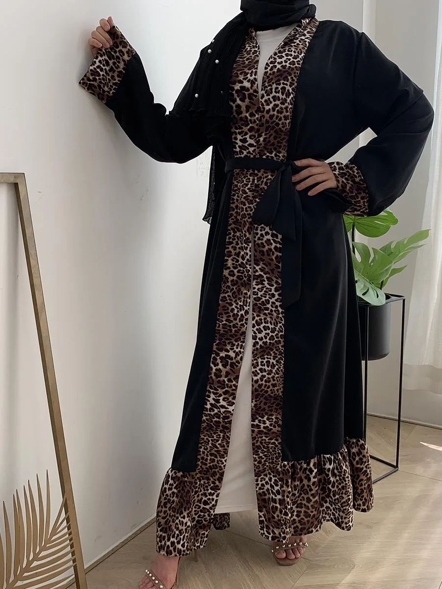 1819#Woman Robe Front Open Kimono Cardigan Leopard Print Dubai Abaya - CHAOMENG MUSLIM SHOP