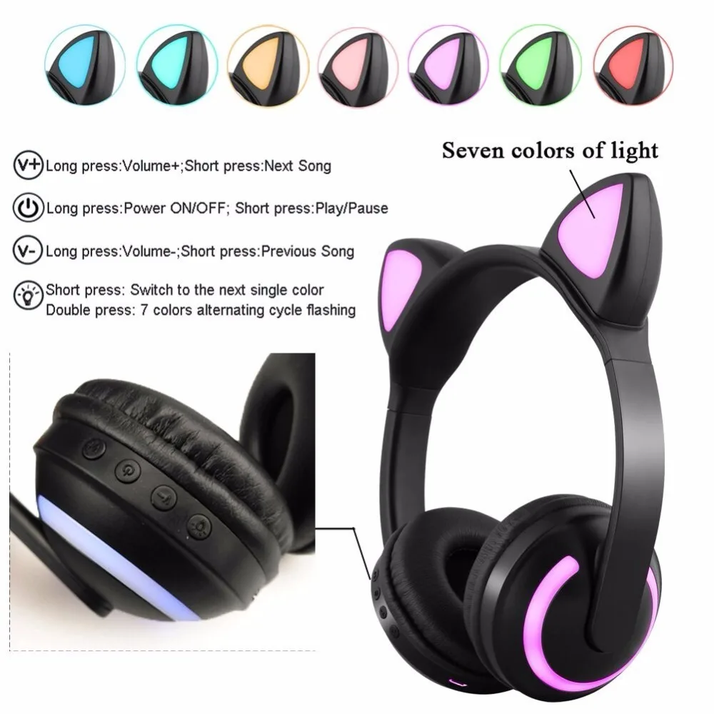 Беспроводные Bluetooth стерео наушники кошачьи наушники мигающие светящиеся Игровые наушники 7 цветов светодиодный светильник для телефона ПК