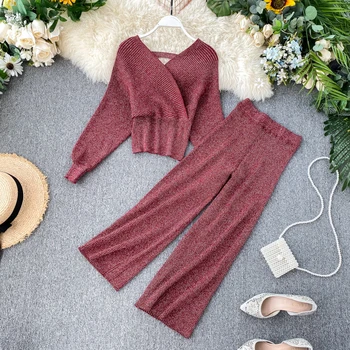 

knitted women sets 2020 autumn new solid v-neck bat-wing sleeved sweaters and wide leg high waist ankle length pant female suits