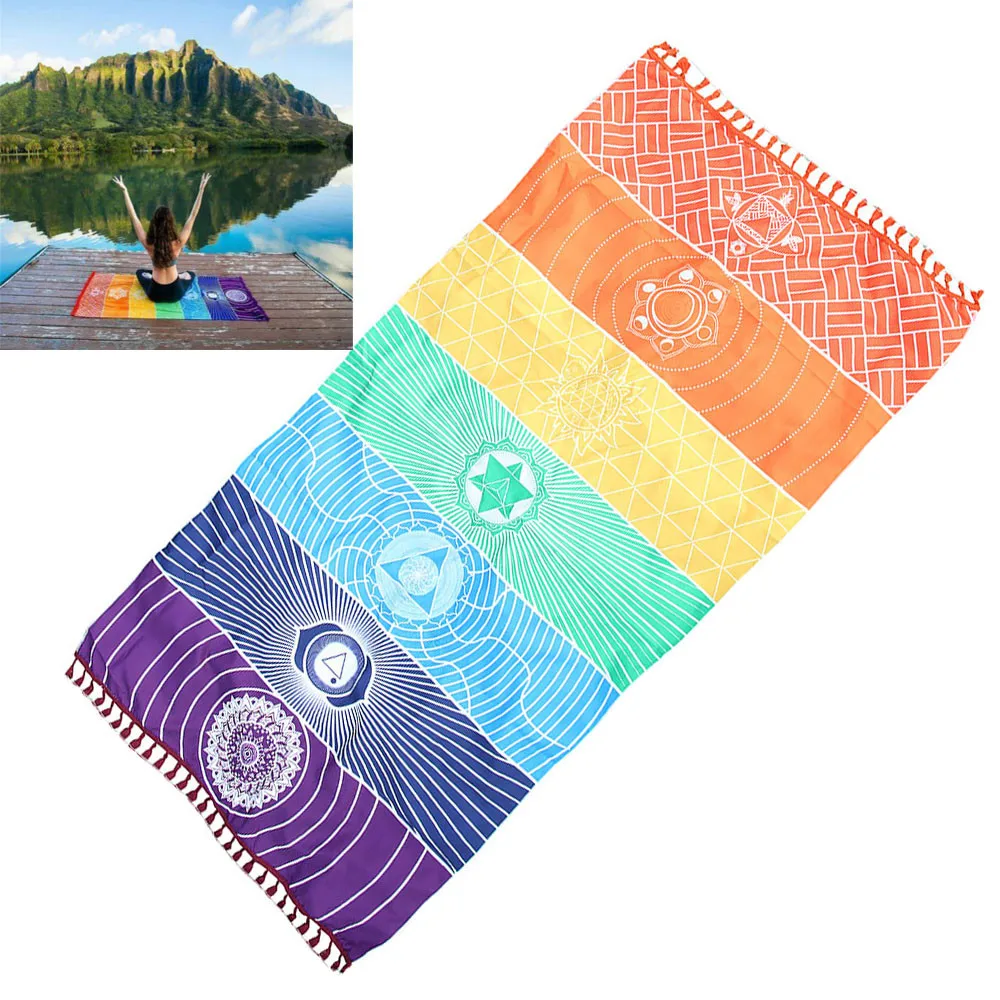 Indian Mandala Blanket 7 Chakra Rainbow Stripes Tapestry Yoga Mat Bath Towel 