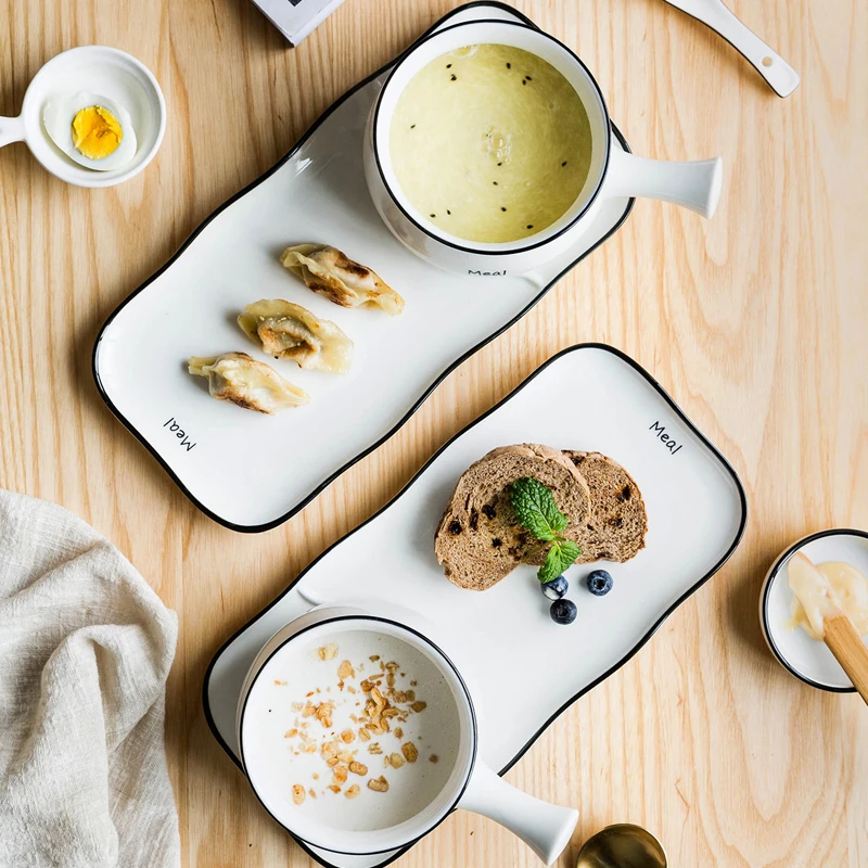 Modern Letter ceramic dishes one person food set dishes home bread breakfast plate tray with handles handle oatmeal bowl