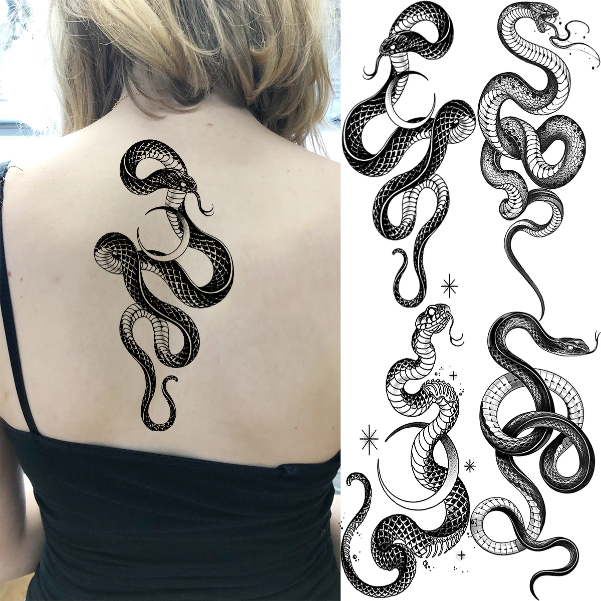 

Black Snake Moon Fashion Back Temporary Tattoos For Women Adult Realistic Serpent Fake Tattoo Forearm Sleeve Tatoos Sticker