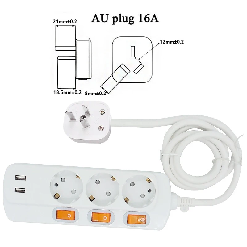 3 AC AU16A PLUG Европейская стандартная штепсельная розетка, блок питания 2/3, розетка переменного тока, одиночный переключатель, контрольное гнездо для шнура удлинителя с 2USB зарядным устройством - Цвет: 3 AC AU16A PLUG