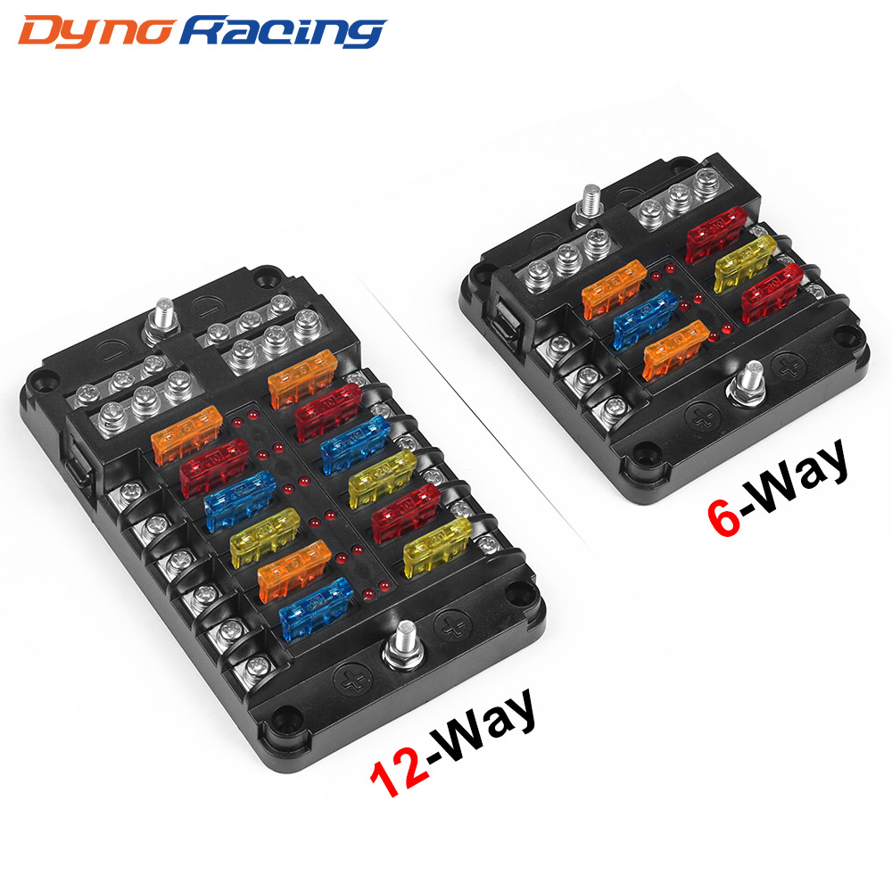  6-Way or 12-Way Car Boat Blade Fuse Box Block Holder LED Indicator 12V 32V Auto Marine Waterproof Power Distribution Panel Board 