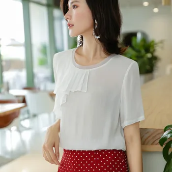 

2020 new round neck chiffon shirt single shoulder wave decoration female models