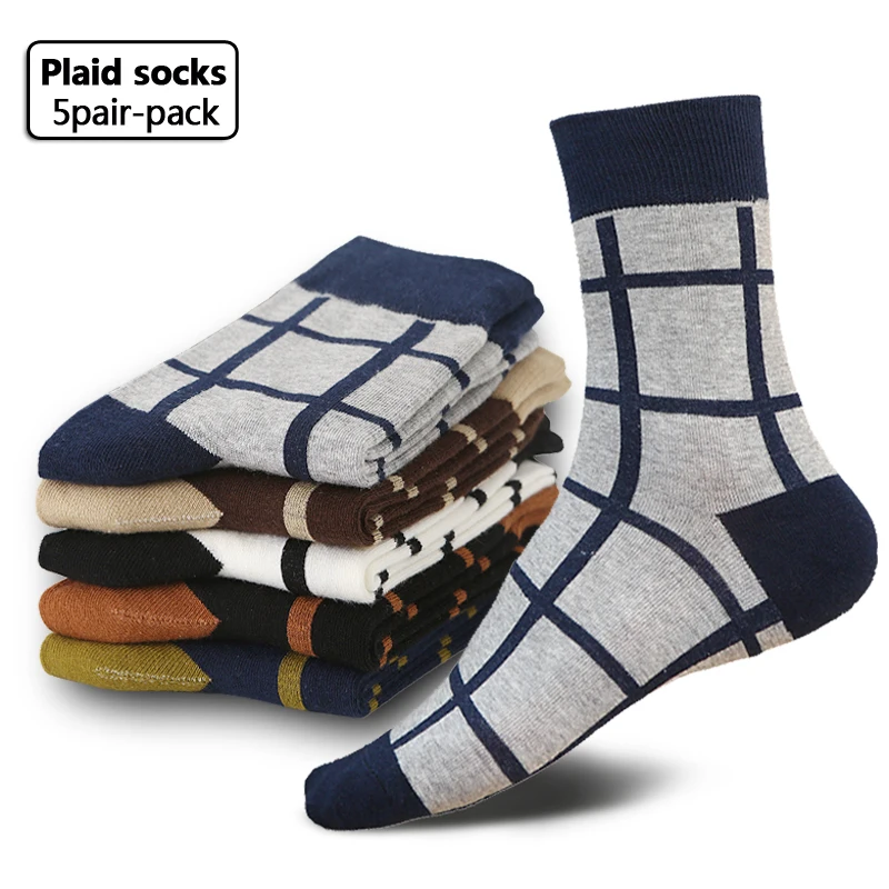 

2021 New Men Crew Socks 5 Pair High Quality Cotton Colorfull Checkered Comfortable Casual Socks Male Size38-44