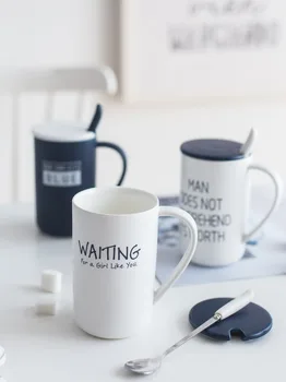 

Nordic INS Ceramic Cup Simple Coffee Mug with Lid Spoon 450ml Large Capacity Household Breakfast Milk Cups Couple Drinking Mugs