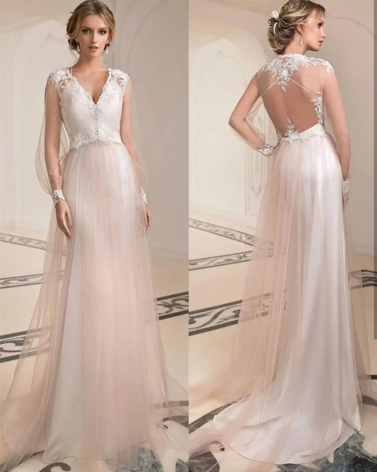 

2020 A line Wedding Dress Long Sleeve Backless Champagne Color Bridal Gowns High Quality vestido de novia playa vestido de noi