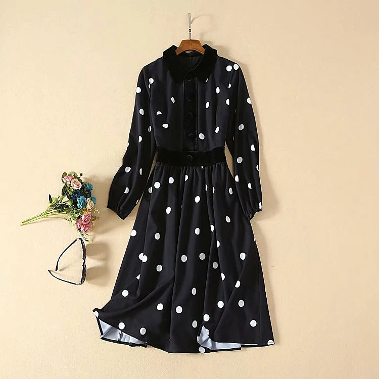 Runway High Quality Autumn New Women'S Fashion Party Casual Workplace Sexy Vintage Elegant Chic Stitching Velvet Dot Midi Dress