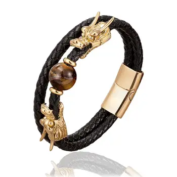 

100% Natural Tiger Eyes Stone Bracelets Men 2020 New Design Dragon Shape Stainless Steel Magnet Genuine Leather Bracelet Jewelry