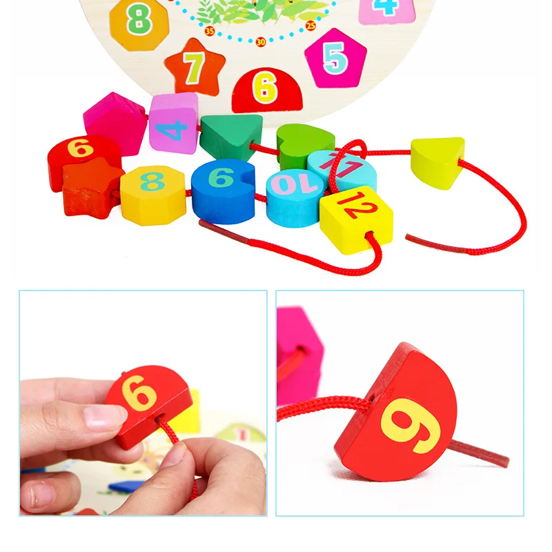 

Children Wood with Numbers Animal Beaded Bracelet Building Blocks Clock Creative Threading Game Geometric Shapes Color Cognitive