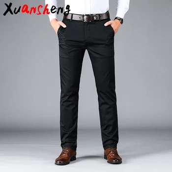 

Xuansheng black men's casual pants 2020 brand thick section loose straight stretch high quality work clothes cotton casual pants
