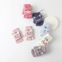 Cute Cartoon Cat Student Warm Gloves Autumn Winter Kid Flip Fingerless Write Outdoor Sports Telefingers Mittens Girls Boys Gift