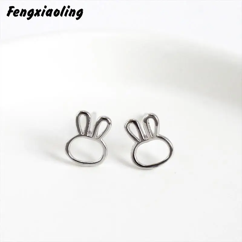

Fengxiaoling New Fashion Cute Rabbit Stud Earrings For Women 925 Sterling Silver Hollow Rabbit Earrings Sweet Fine Jewelry