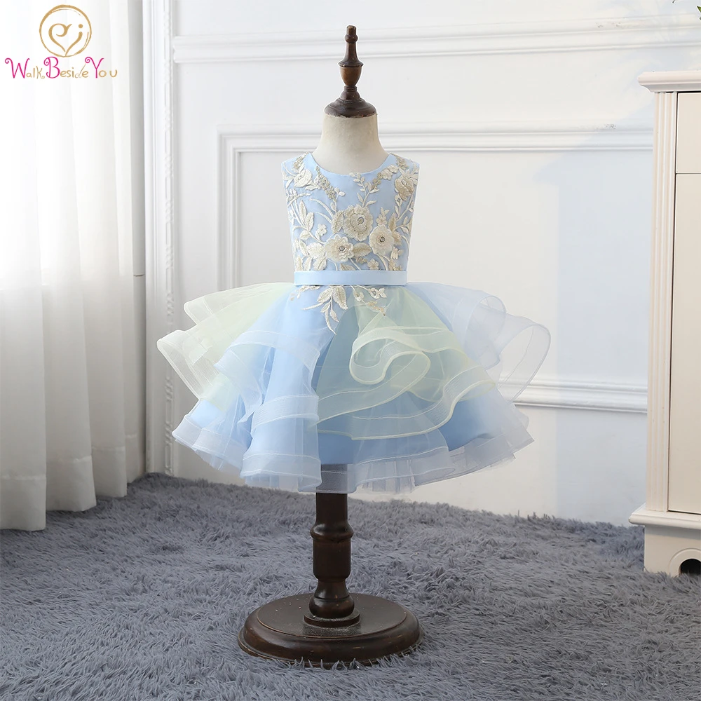 

Walk Beside You Short Flower Girl Dresses Ball Gown Blue Ruffles Tulle Sleeveless O-neck vestido de festa de casamento