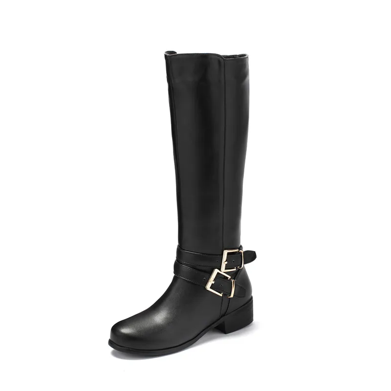 black thick fur Smirnova hot sale big size 47 winter riding boots women round toe buckle zip low heels casual shoes women knee high boots - Цвет: black thick fur