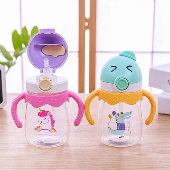 

2020 Cute Cartoon Animal Baby Feeding Cup With Straw Children Learn Feeding Drinking Bottle With Handle Kids Training Cup 350ml